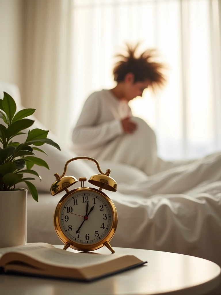 A close-up of an alarm clock showing 6:00 AM, with soft morning light shining through a window. The clock is on a bedside table next to a neatly made bed. In the background, a person is energetically getting out of bed, ready to start the day. The scene is warm and inviting, with a sense of renewal and motivation.