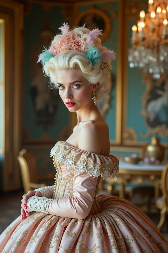 Marie Antoinette from the French Revolution with a surprised look on her face and gel nails