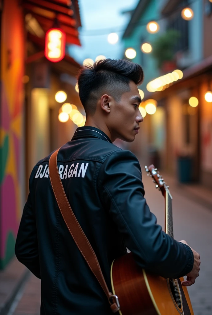 A Indonesian mans cool ,undercut hair, playing guitar accoustic ,sering a black jacket an the name (DJOERAGAN)