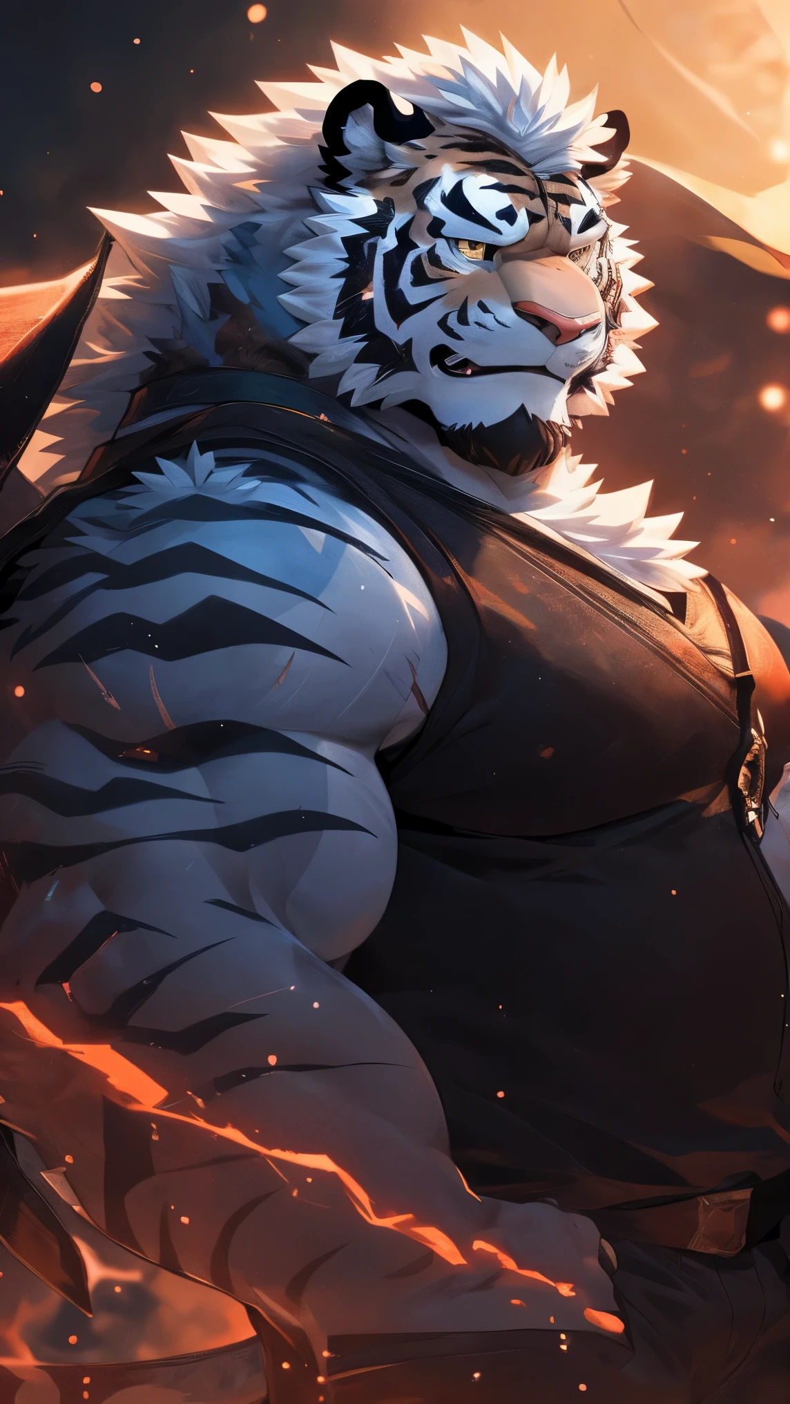 human nature, wild animals, male, 36 years old,uncle,solitary, ((Round Face, The face is plump, Golden Eyes, Thick white hair,Scars)), ((Endomorph, Handsome,Hot Blood)), (Mecha suit,no electricity,exhausted), ((domestic white tiger, Tiger Orc) Fluffy fur, Fluffy, blue stripes), (tiger print), Bokeh, (high quality, high resolution, masterpiece), (Dynamic Lighting, Vibrant colors), (Revitalize,harm,Contempt), Full body pictures (close up), cartoon, author:Takemoto Arashi, From Zixiong, author:Chunni, author:Ethereal,(background:Rainforest)