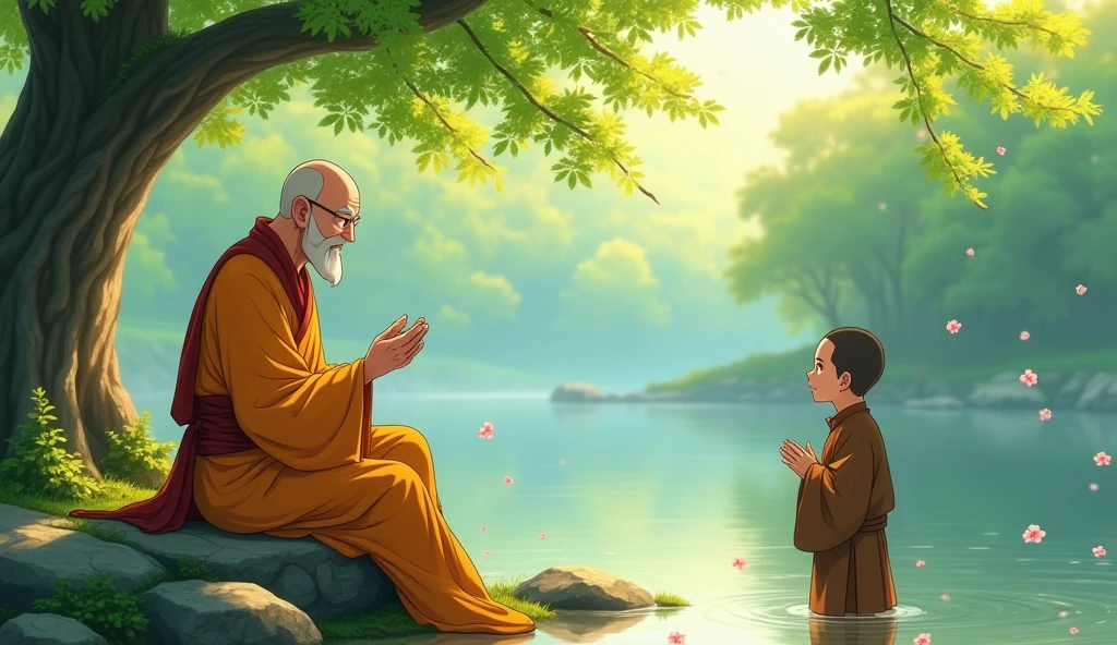 Old monk master sitting with his young monk student beside riverbank and student monk asking to monk master, trees, beautiful scenario, in anime style,
