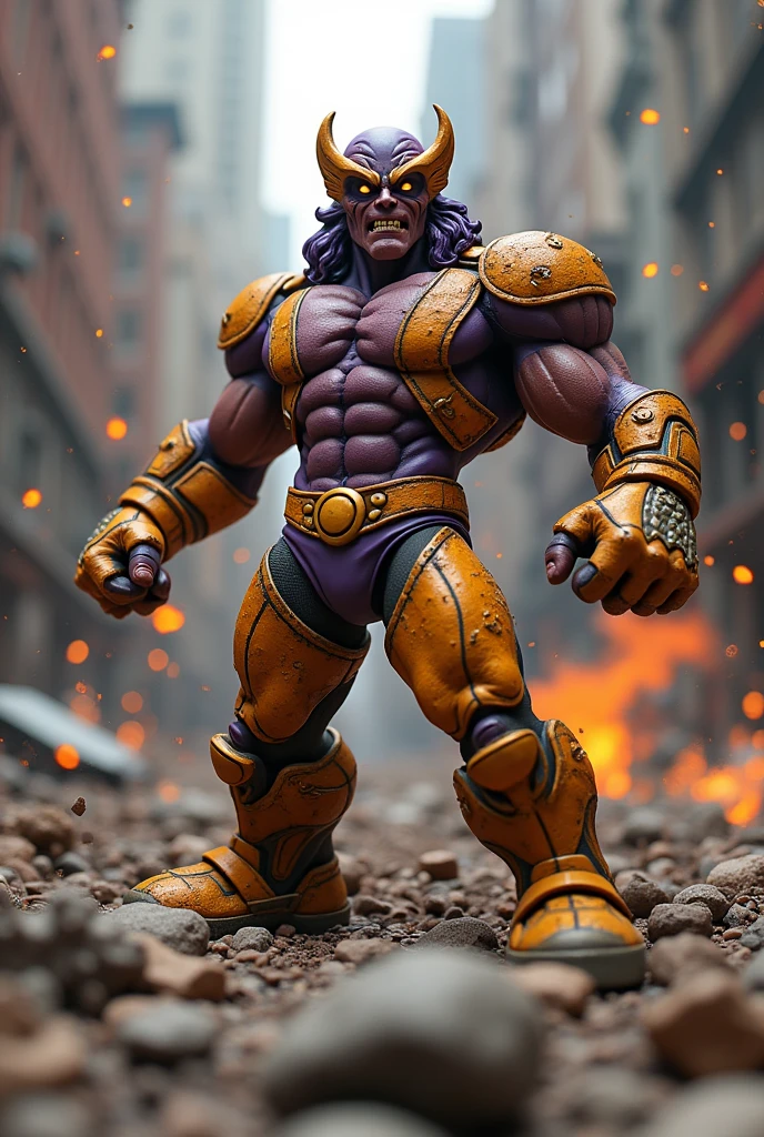 a highly detailed clay figure of modok, intricate features, expressive face, dynamic pose, explosion effects, ruined city landscape, tilt-shift photography, cinematic lighting, dramatic shadows, vivid colors, cinematic atmosphere, 4k, photorealistic, hyperdetailed, masterpiece
