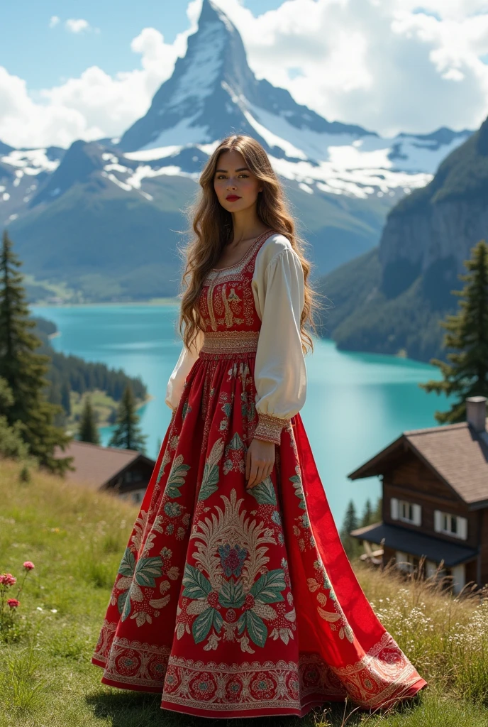 Create a woman representing the country Switzerland. With it's architecture surrounding it