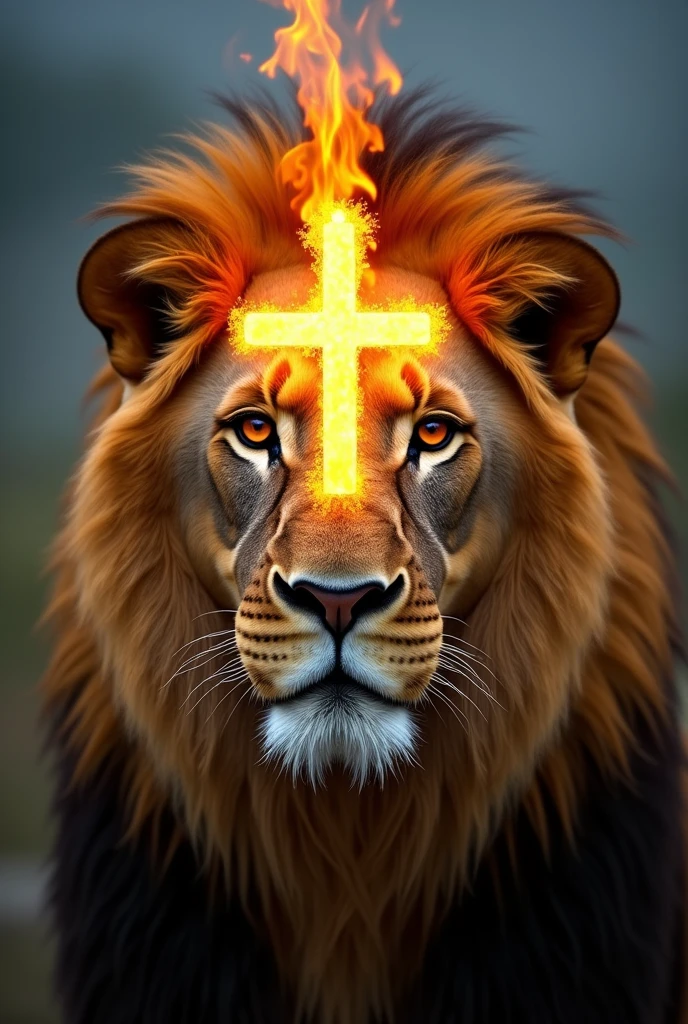 Create an image of a lion's face with a transparent flaming cross in the middle of his face.