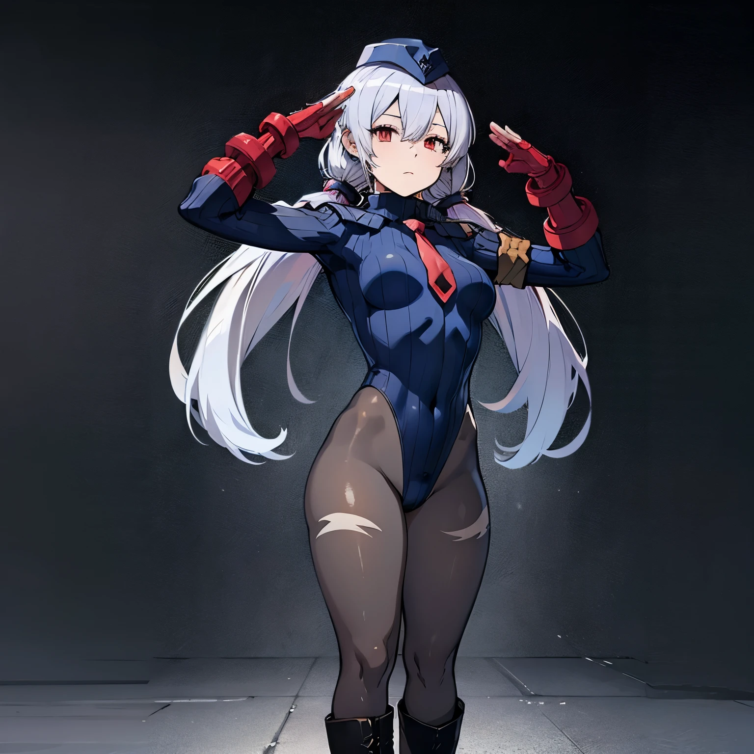 best detailed, Highly detailed,Beautiful body,Beautiful Nose,perfect eyes,perfect face,ultra highres,beautiful legs,Perfect hands,Masterpiece,illustration,,perfect anatomy,street fighter,doll suit,shadaloo doll,dollsuit,expressionless,empty eyes,blank eyes,red gloves,boots,emotionless,black latex,corruption,mind control,female combatant,hypnotized,unhappy trance,full body suit,obey,extremely glossy latex,hypnosis,hypnoLora,Slave,necktie,yellow tie,military,dark persona,full body,looking at viewer,standing pose, (salute),(((pixel-perfect, detail-perfect))),solo,(roze),1girl,silver hair, long hair, twintails, hair between eyes, red eyes, black cap, twin black muffler,black scarf,((dark pantyhose)), city background, night sky