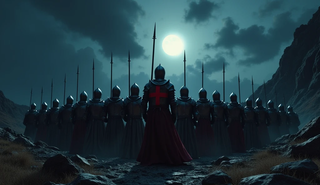 A highly realistic, high-contrast, 8K HD, detailed, hyper-detailed image of a group of Crusader knights, led by a lone knight in steel armor with a red cross emblem on his chest, all facing the same direction under the cover of night. The knights stand united, their swords at the ready, as they prepare to face the challenges ahead. The dramatic landscape around them is illuminated only by the faint light of the moon and stars, with rugged terrain and ominous skies heightening the intensity of the scene. The atmosphere is tense yet filled with camaraderie and resolve, capturing the unity and unyielding spirit of the Crusaders as they stand together in the darkness. The image is of the highest quality, with ultra-high resolution, RAW photo quality, and Unreal Engine rendering, showcasing the solidarity and strength of the Crusaders as they face the night as one.