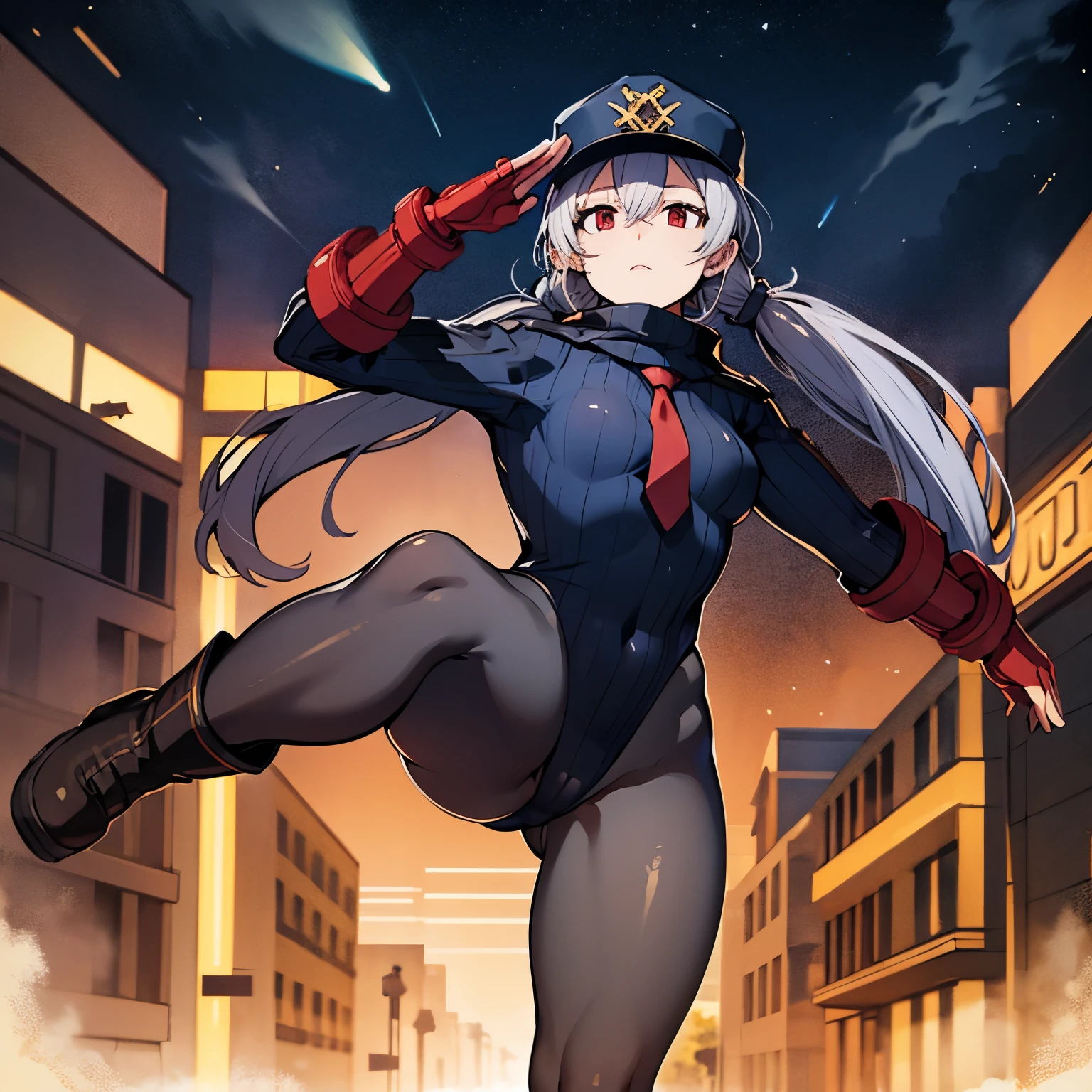 best detailed, Highly detailed,Beautiful body,Beautiful Nose,perfect eyes,perfect face,ultra highres,beautiful legs,Perfect hands,Masterpiece,illustration,,perfect anatomy,street fighter,doll suit,shadaloo doll,dollsuit,expressionless,empty eyes,blank eyes,red gloves,boots,emotionless,black latex,corruption,mind control,female combatant,hypnotized,unhappy trance,full body suit,obey,extremely glossy latex,hypnosis,hypnoLora,Slave,necktie,yellow tie,military,dark persona,full body,looking at viewer,standing pose, (salute),(((pixel-perfect, detail-perfect))),solo,(roze),1girl,silver hair, long hair, twintails, hair between eyes, red eyes, black cap, twin black muffler,black scarf,((dark pantyhose)), city background, night sky