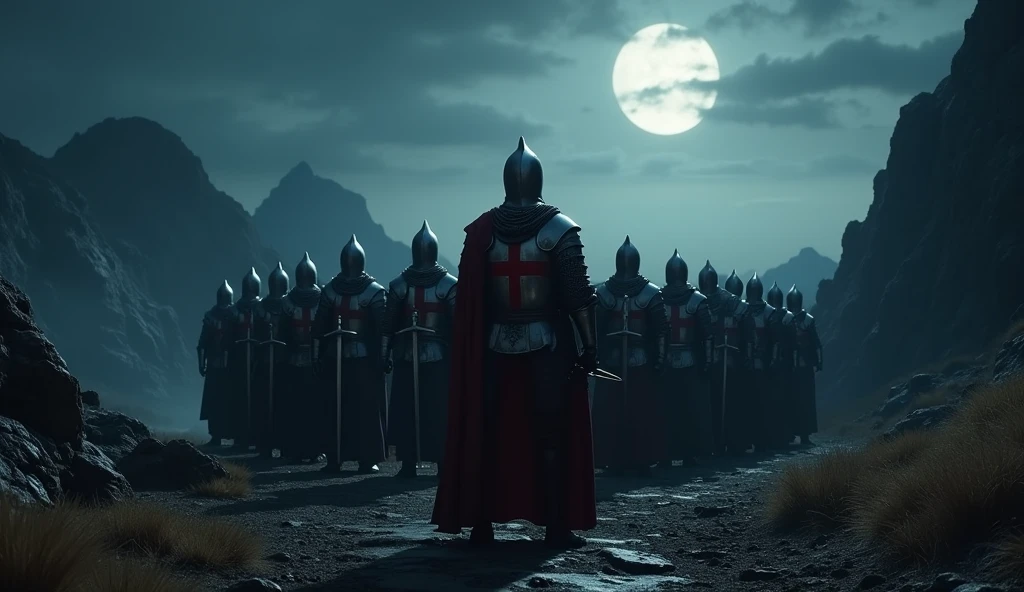 A highly realistic, high-contrast, 8K HD, detailed, hyper-detailed image of a group of Crusader knights, led by a lone knight in steel armor with a red cross emblem on his chest, all facing the same direction under the cover of night. The knights stand united, their swords at the ready, as they prepare to face the challenges ahead. The dramatic landscape around them is illuminated only by the faint light of the moon and stars, with rugged terrain and ominous skies heightening the intensity of the scene. The atmosphere is tense yet filled with camaraderie and resolve, capturing the unity and unyielding spirit of the Crusaders as they stand together in the darkness. The image is of the highest quality, with ultra-high resolution, RAW photo quality, and Unreal Engine rendering, showcasing the solidarity and strength of the Crusaders as they face the night as one.
