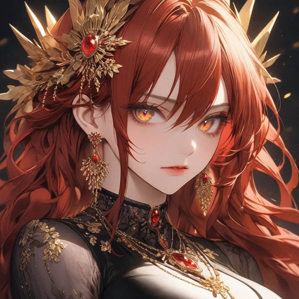 high resolution, Masterpiece, Anatomically correct, precise, qualityที่ดีที่สุด, quality, 1 woman, Age 20 years, very long hair, red hair, golden eyes, Unique hairstyles, big breasts, earring, Dark makeup, A cold expression., simple background, Close-up photography, decorations, Anime style , royality , villian ,evil , sharp eyes