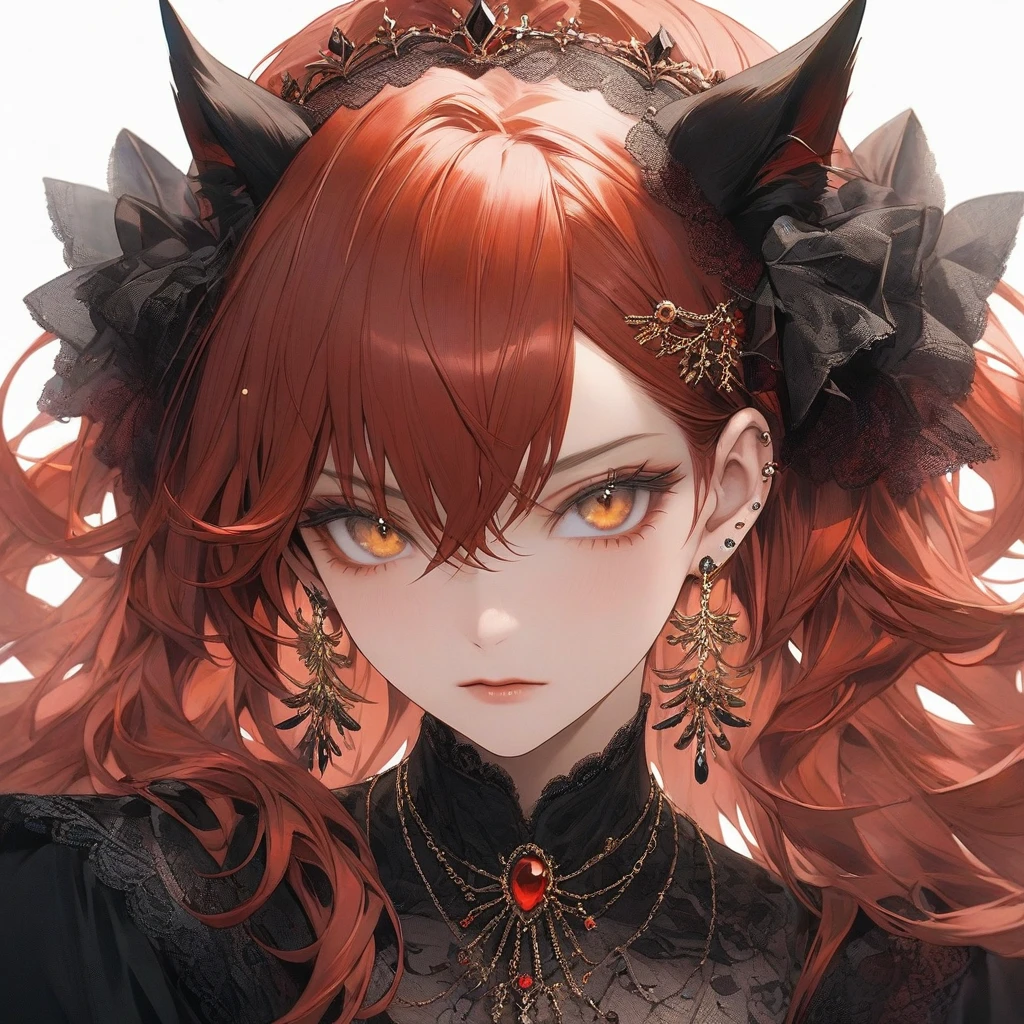 high resolution, Masterpiece, Anatomically correct, precise, qualityที่ดีที่สุด, quality, 1 woman, Age 20 years, very long hair, red hair, golden eyes, Unique hairstyles, big breasts, earring, Dark makeup, A cold expression., simple background, Close-up photography, decorations, Anime style , royality , villian ,evil , sharp eyes