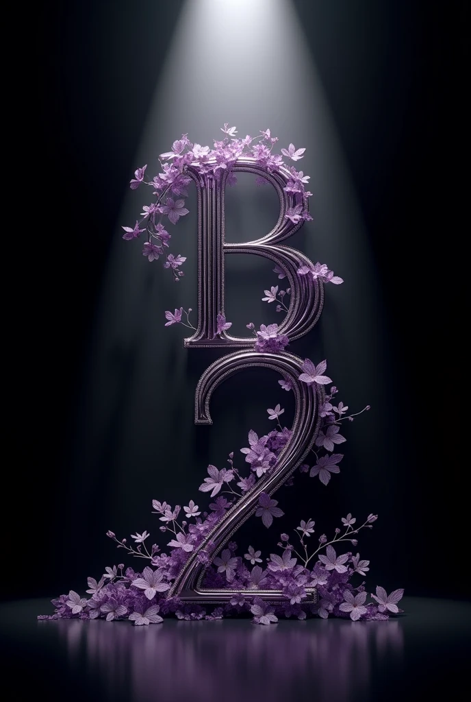 Create an image with the number 2 next to the letter B, creatively and elegantly, with a white spotlight pointing at it. I want the image to be predominantly black with purple details.