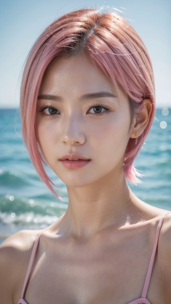 Model actress、One Woman、cool、Japanese and half European、Close-up of face、30 generation beauty、Realistic Skin、Seaside、4K images、bright pink hair、Short Hair