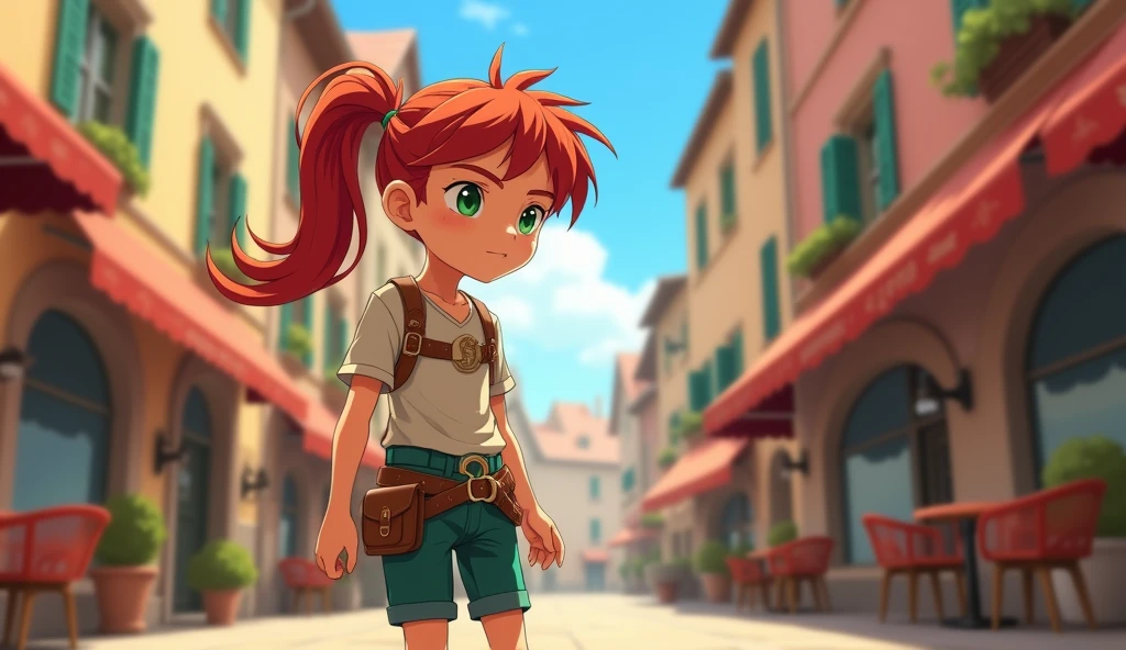 handsome  1 boy with red medium hair and lower short ponytail, green eyes, standing on the European city street, leather harness with o-ring, short pants, beautiful legs, brown leather shoes, smile, masterpiece, 8k, high quality, japanese animation style