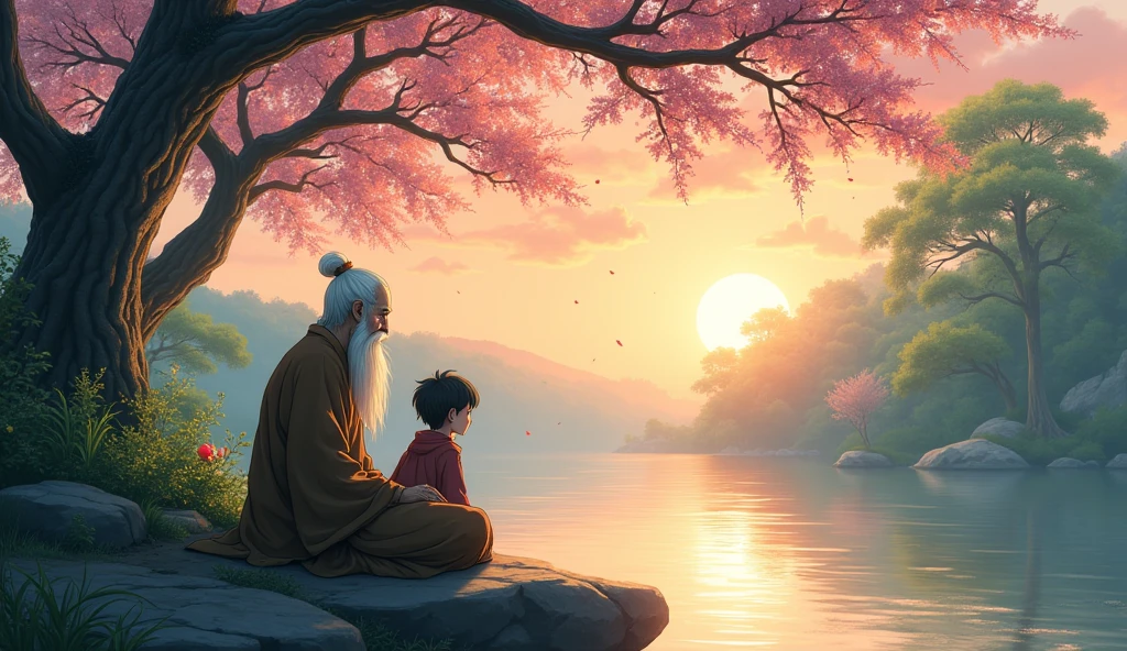 Old monk master sitting with his young monk student beside riverbank and student monk asking to monk master, trees, beautiful scenario, in anime style,