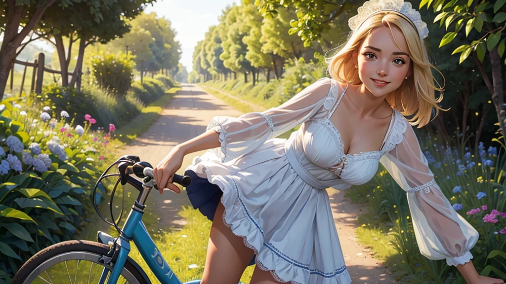 upskirt, culotte en dentelle blanche, décolleté profond, pretty lolita, jeune femme naturelle, joli visage juvénile, woman posing with a vélo on a country road, équitation a bike, fait du vélo, porter une robe d'été fleurie, robe transparente, string dentelles bleues, lace upskirt ,Extérieurs, sourire taquin, j'essaie de le monter, jolie femme, vélos, Plan très rapproché, Bon, dans le soleil, Extérieur, tir serré, enfourche le vélo, blond