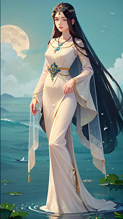 (masterpiece,Highest quality,,8k,High resolution),One female,,Compassionate Mother Kannon,Black Hair,,Wave,,Standing on the surface of the water,,flower,bird,,moon,,jewelry,Holding,Long sleeve,Veil,necklace,Lotus,Long Hair,dress,(whole body),Highly detailed CG,