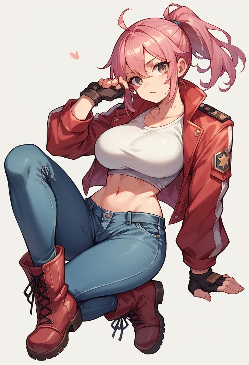 Chibi, 1girl, pink hair, large breasts, white top, open red jacket, navel, jeans shorts, army boots, fingerless military gloves, ponytail hair,