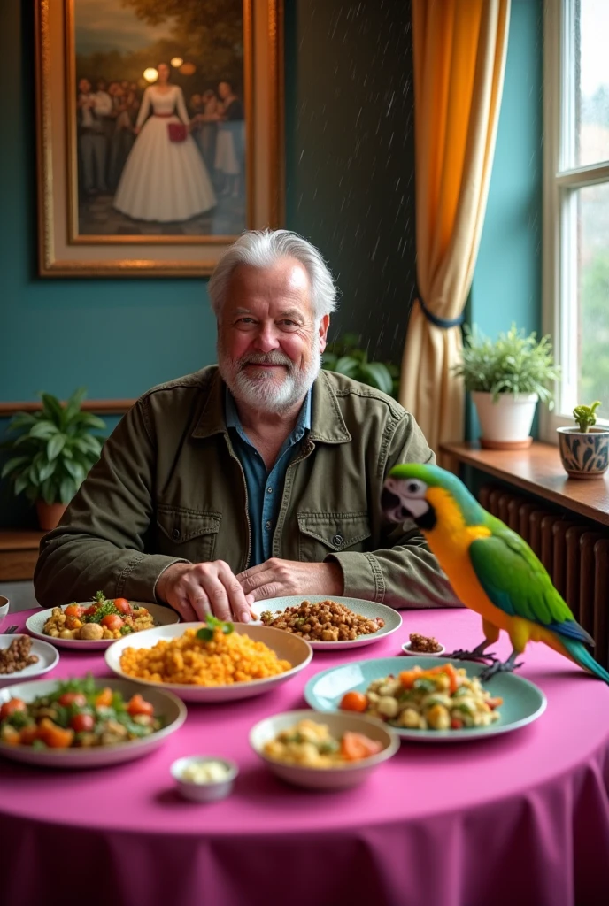 Man eating food in the pink table with a parrot beside it and raining outside