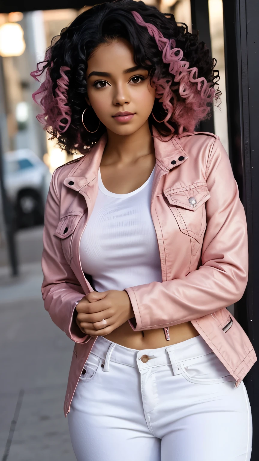1 person, Brown Skin, (masterpiece), Curly Hair, Small breasts, Black Hair, Pink Eyes, Black jacket, White shirt, jeans, Anime, Latina, Pink Hair