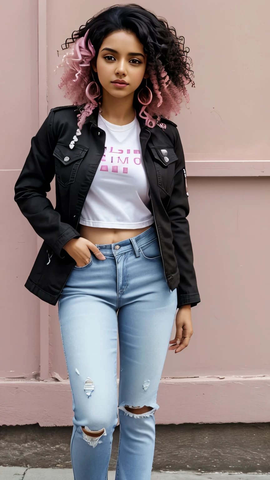 1 person, Brown Skin, (masterpiece), Curly Hair, Small breasts, Black Hair, Pink Eyes, Black jacket, White shirt, jeans, Anime, Latina, Pink Hair