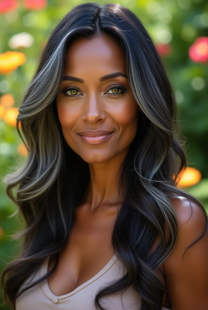 Mature woman with exotic features, minimal makeup, piercing green eyes, hair with some gray streaks, brown skin