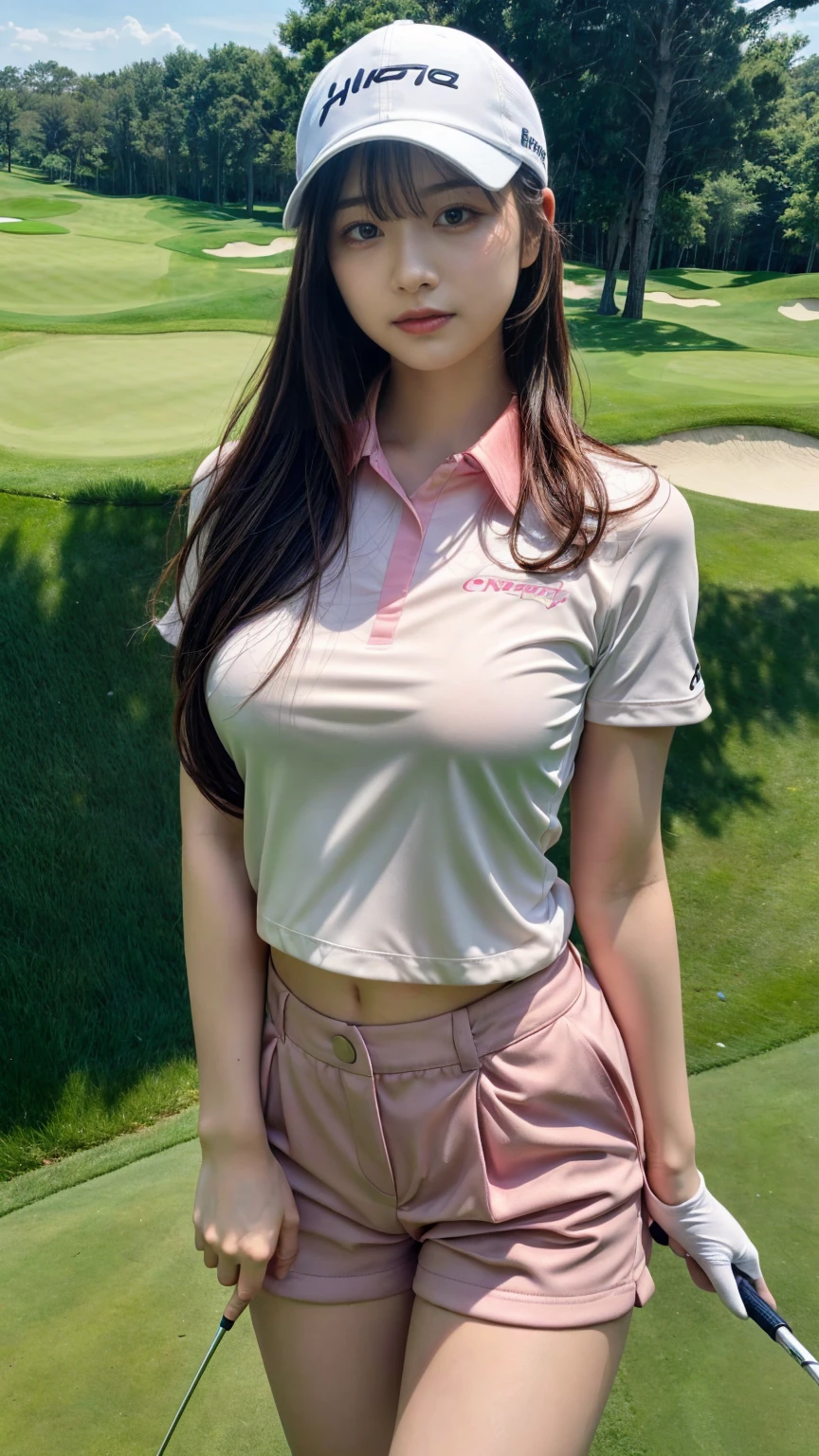 8K, Tabletop, RAW Photos, Highest quality, Realistic, Highly detailed CG Unity 8K wallpaper, Depth of written boundary, Cinematic Light, Lens flare, Ray Tracing, (Very beautiful face, Beautiful Lips, Beautiful Eyes), Exquisitely detailed face, ((Highly detailed skin)) One Girl, In the Dark, Deep Shadow, pretty girl, (Very slim and slender fit muscular body:1.3), ((View your viewers)),(Big smile:1.3), Clear Eyes, walking , Front shot, (Pale skin), (Big eyes), Look forward, (Upper Body Shot), (Brown Hair), Open belly button, (View your viewers:1.3), Very slim, Medium chest, Thick thighs, See through, Wet, Tight shirt,  Pink collared shirt, Golf Uniforms, Shirt with lace, Golf course, landscape, blue sky, lake, sunlight, skirt, (See through)