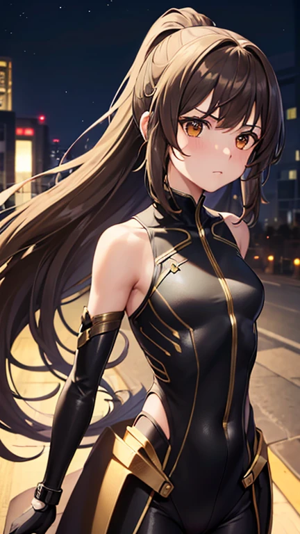 1girl, small breasts, skinny body, long brown hair, ponytail, crescent hair ornament, ((brown eyes)), futuristic combat suit, ((black suit)), bare shoulders, ((green line details)), ((gold line details)), destruction, outdoors, night, destroyed city