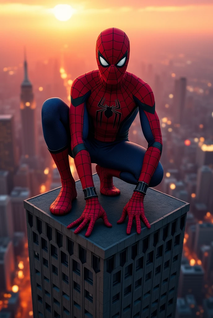 Spiderman sitting on a tall building