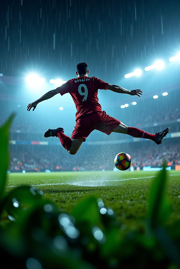 Cristiano Ronaldo fazendo gol de bicicleta na chuva com lights e leds, at night ((real-life)) ((lights)) ((grams of leaves))