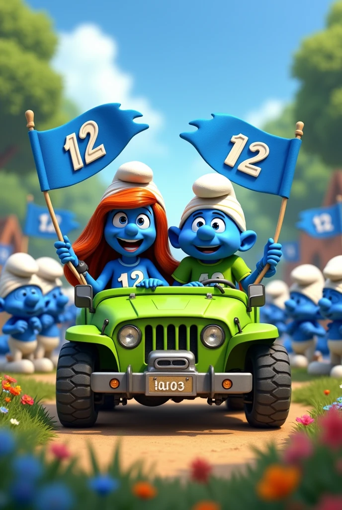 Cartoon of two people inside a green jeep with the number 12. The woman with a blue shirt and blue cap with the number 12 in white printed on the shirt and cap and a man with a green shirt with the number 12 in white and a green cap with the number 12 surrounded by the Smurfs holding the blue flag with the number 12 in white 