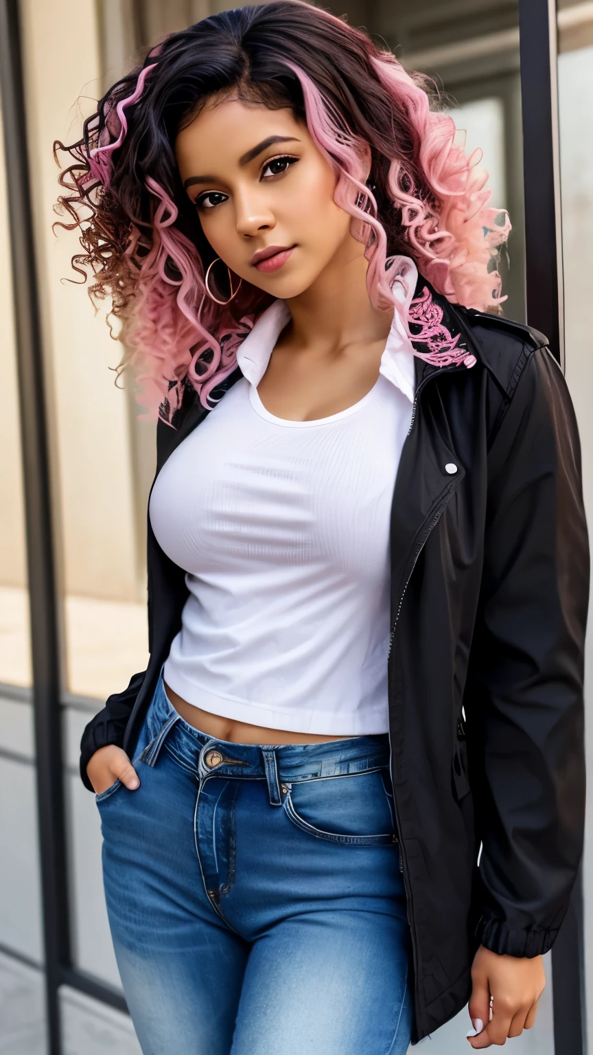 1 person, Brown Skin, (masterpiece), Curly Hair, Small breasts, Black Hair, Pink Eyes, Black jacket, White shirt, jeans, Anime, Latina, Pink Hair