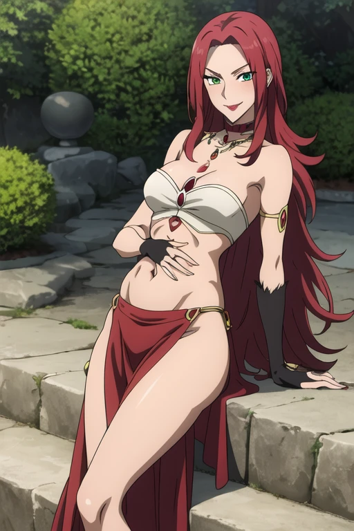 bitch medium breasts, red hair, beautiful face, green eyes, evil smile, blush, lipstick, evil smile, fur trim, mature female, gloves, masterpiece, best quality, highly detailed, a anime girls in long dress with navel cutout, revealing dress, beautiful dress center opening , long dress with bellybutton showing, ecchi anime style, anime girls, ecchi style, ecchi, digital anime art, anime style 4 k, exposed navel, exposed bellybutton, dark tanned skin anime woman, necklace, belly chain, belly piercing, (long hair), starving, (resting hands on the stomach), (hands on the stomach), (slim body), resting hands on top of the tummy