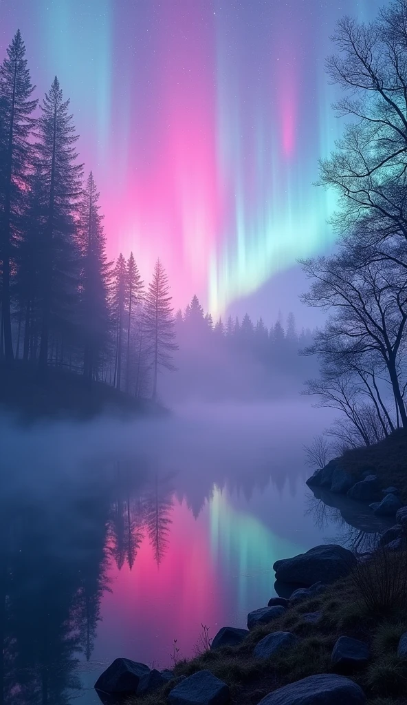 The mystical fusion of aurora and mist, Holographic coating, Neon glare reflections, Mysterious Transparency, Absurd aesthetics