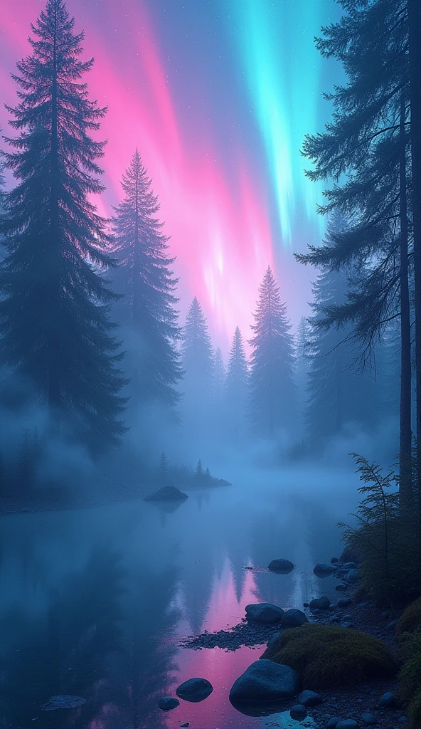 The mystical fusion of aurora and mist, Holographic coating, Neon glare reflections, Mysterious Transparency, Absurd aesthetics