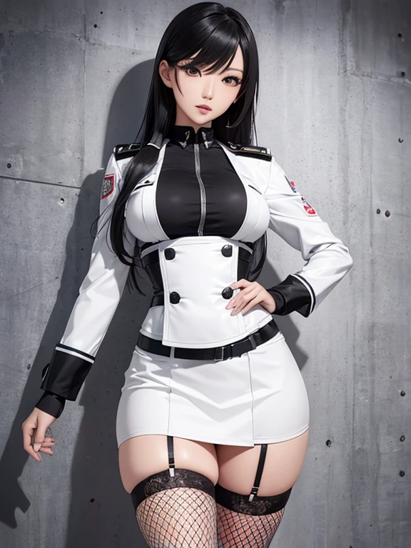 Photorealistic, high resolution, A Japanese Police woman named Kimmi, solo, heavy makeup, Hips up, (standing) (Detailed face), Black hair, Long hair, black and white corset, white lace Panties , black micro skirt, fishnet Stockings. Fully clothed.
