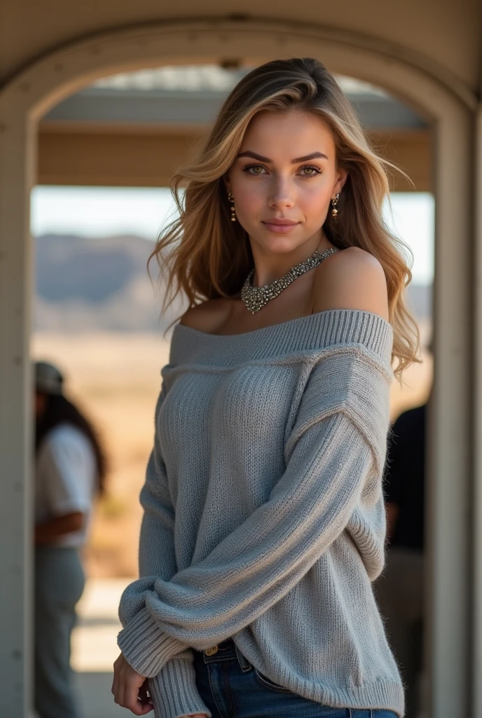 1girl in, 19, Solo, Long hair, Colossal , Looking at Viewer, blondehair, Bare shoulders, Brown eyes, jewely, Full body, a necklace, off shoulders, Sweaters, Realistic, A sexy, cleavage, medium breasts, bikini, sexy ass