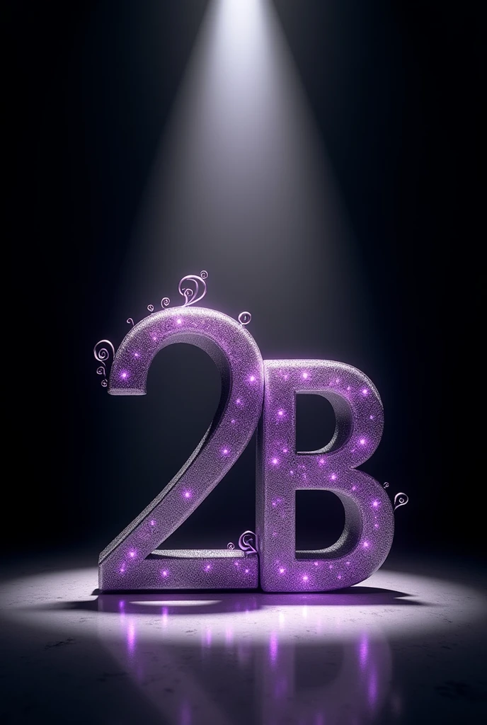 Create an image with the number 2 next to the letter B in a creative way, with a white spotlight pointing. I want the color black to predominate with purple details.