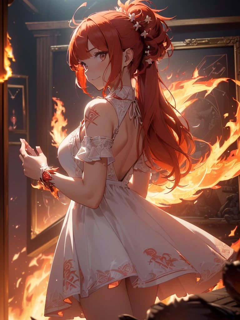 (((best quality, sharp image, clear image, cinematic lighting, 8k resolution, masterpiece, ultra detailed, intricate))) Girl, (((looking over left shoulder))), (shot from behind), ((half shot)), fiery red hair, pigtails, ((white dress)), ((flaming sigils, flaming runes)), spiky rock formations, (flaming lotus flowers frame), (intricate background), ((Phoenix)), (swirling flames), smiling