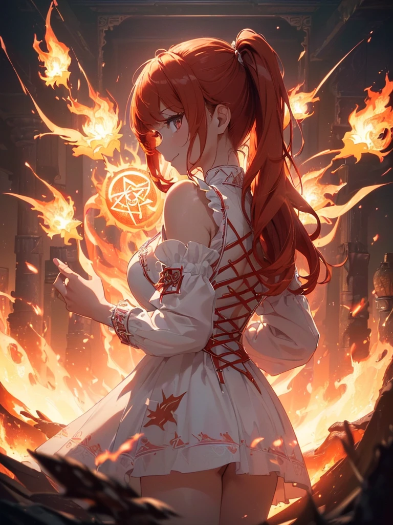(((best quality, sharp image, clear image, cinematic lighting, 8k resolution, masterpiece, ultra detailed, intricate))) Girl, (((looking over left shoulder))), (shot from behind), ((half shot)), fiery red hair, pigtails, ((white dress)), ((flaming sigils, flaming runes)), spiky rock formations, (flaming lotus flowers frame), (intricate background), ((Phoenix)), (swirling flames), smiling