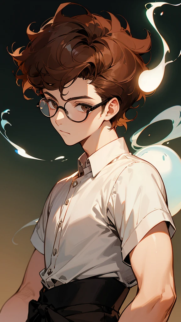 A boy with ghost powers who wears glasses, his hair is a low fade curly style and manga-inspired with brown hair.