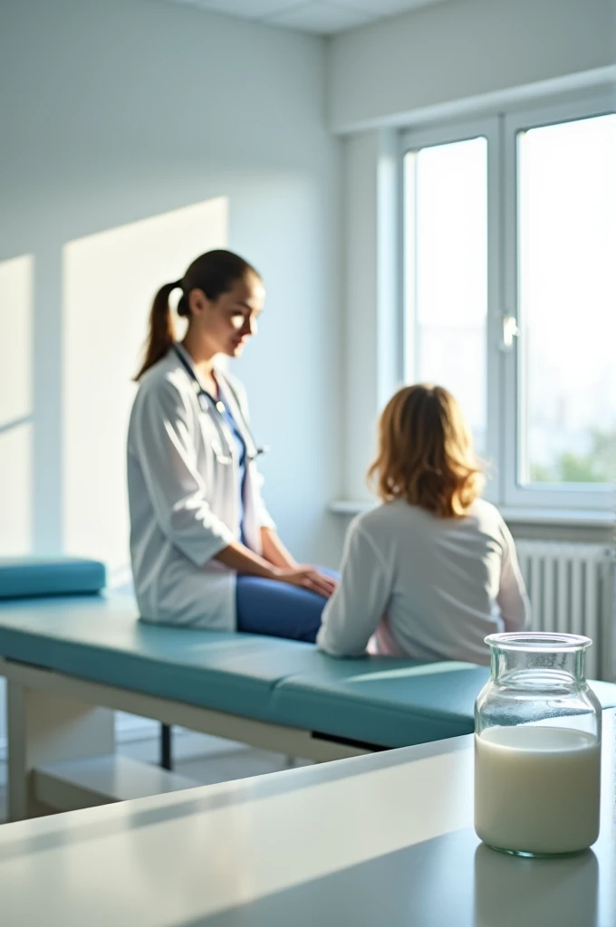 Image of a patient in a clean room with a collection jar