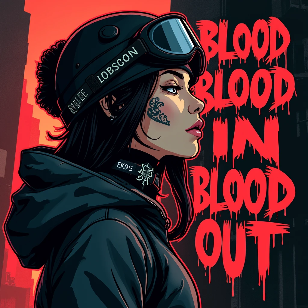Asian Girl Rapper, face_tattoos, side view, action, cartoon, Album cover, "BLOOD IN BLOOD OUT", Letters say BLOOD IN BLOOD OUT, Album Cover, dark, Ski_Mask, sturmhaube, comic style, gangster, tech wear outfit, dynamic