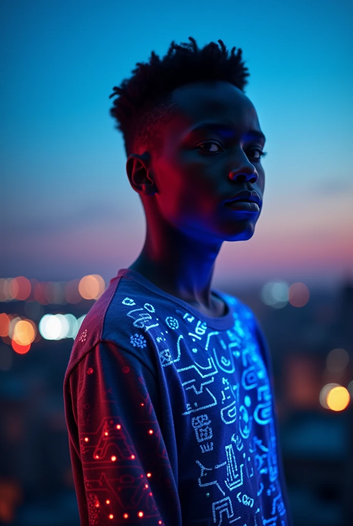 Generate an image of Ethiopian teenager man with a blue and red led lights effects
