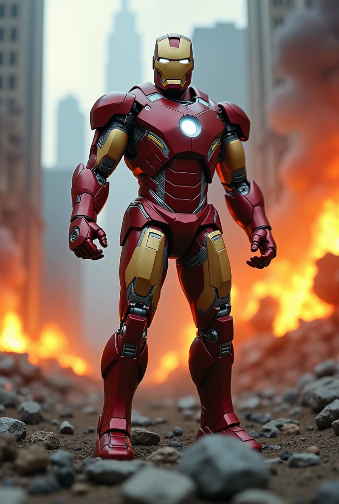 a highly detailed clay figure of ironman, intricate features, expressive face, dynamic pose, explosion effects, ruined city landscape, tilt-shift photography, cinematic lighting, dramatic shadows, vivid colors, cinematic atmosphere, 4k, photorealistic, hyperdetailed, masterpiece