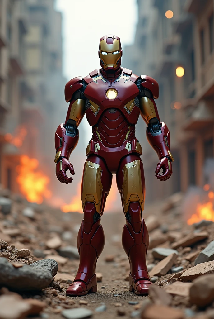 a highly detailed clay figure of ironman, intricate features, expressive face, dynamic pose, explosion effects, ruined city landscape, tilt-shift photography, cinematic lighting, dramatic shadows, vivid colors, cinematic atmosphere, 4k, photorealistic, hyperdetailed, masterpiece