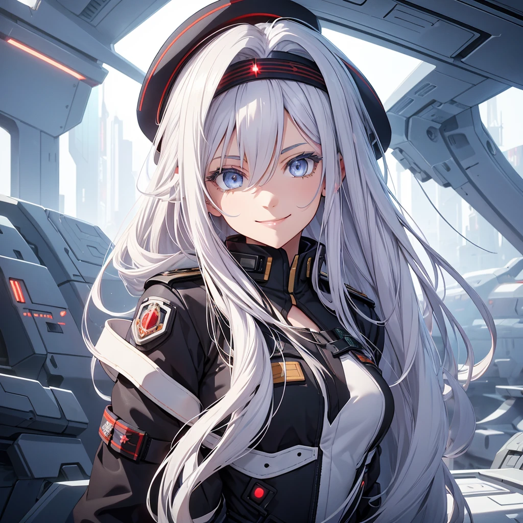 Draw a smiling girl in a futuristic spaceship setting. Her hair is white with a scarlet strand in it. She should look like Vladlena Milize from the anime 86. Black military clothing and beret.