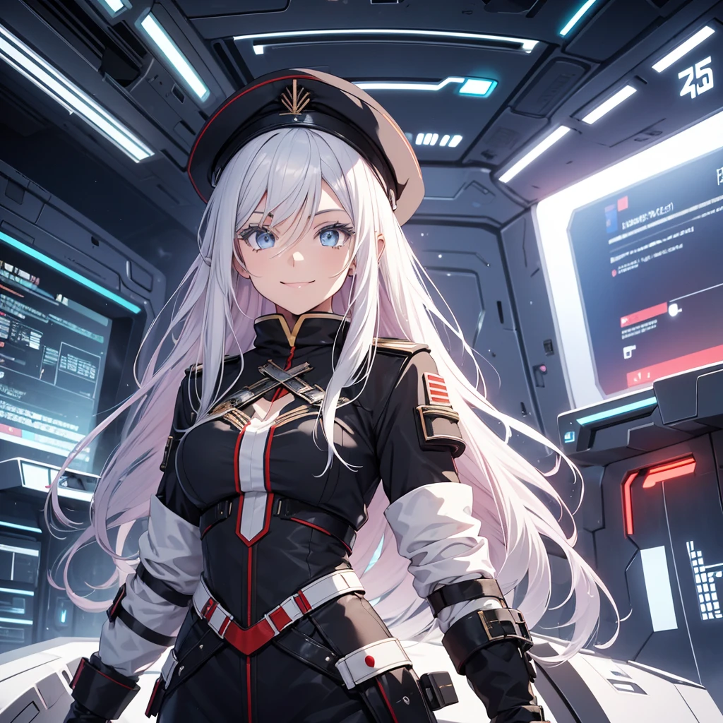 Draw a smiling girl in a futuristic spaceship setting. Her hair is white with a scarlet strand in it. She should look like Vladlena Milize from the anime 86. Black military clothing and beret.