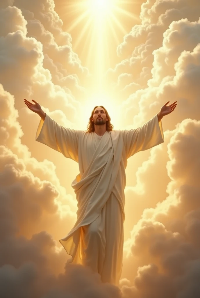 Jesus in a radiant heaven:
“Jesus standing in the center of a radiant, glowing heaven, surrounded by soft, golden clouds. He is dressed in flowing white robes, with a gentle, divine light emanating from His figure. The sky around Him is a brilliant mixture of gold, white, and light blue, with angelic figures faintly visible in the background. His arms are open wide, welcoming all with a warm and peaceful expression.”