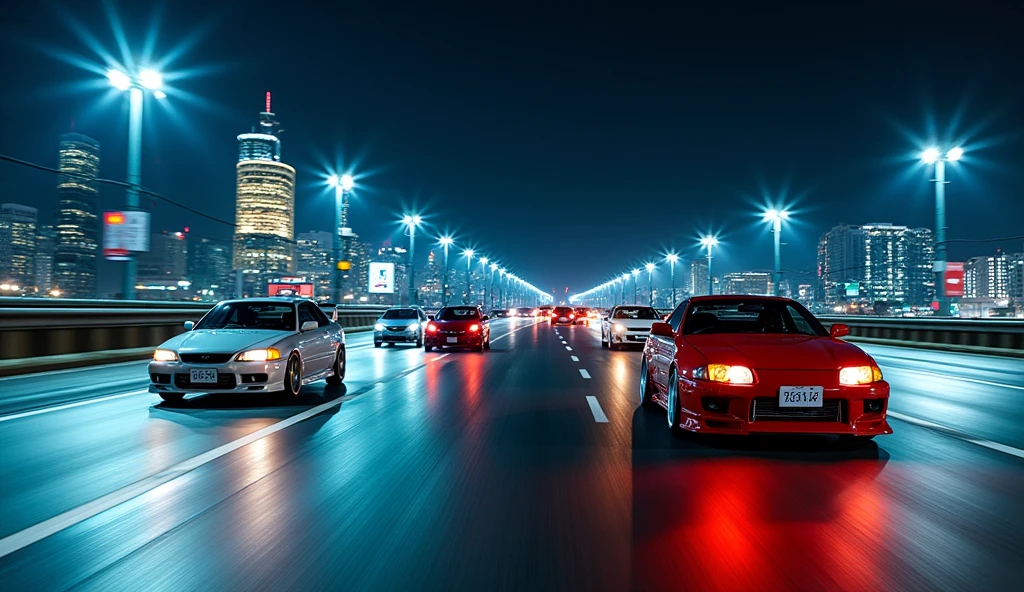 Car photography, RAW photo, Veilside Supra, toyota, VS Lancer Evolution, Mitsubishi, VS FD3, Mazda, VS civic, sling, VS GT-R, nissan, VS Impreza Sports, subaru, BREAK Nighttime Shuto Expressway Battle, Long Exposure,