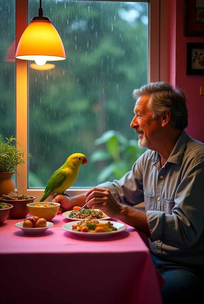 Man eating food in the pink table with a parrot beside it and show raining outside